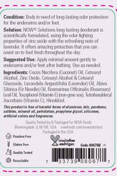 Now Foods long-lasting deodorant stick label detailing ingredients and usage recommendations for refreshing lavender scent.